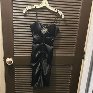 Faviana Black Satin Midi Dress with Crystal Detail